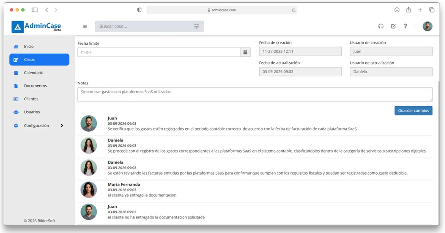 Dashboard mostrando una bitacora de cambios y comentarios