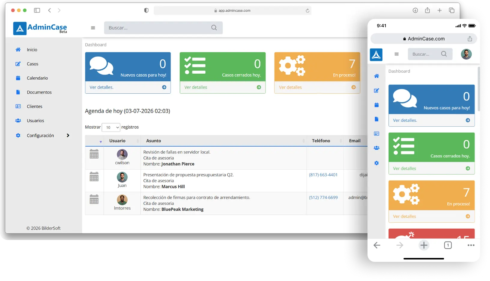 Vista previa del software de gestión contable mostrando clientes, casos y documentos